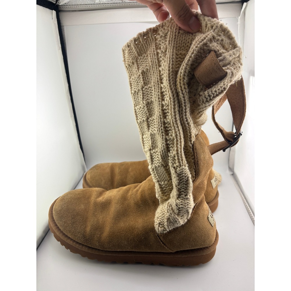 UGG Australia Lattice Cardy Boots Chestnut Suede Cream Knit 1011460 Womens 9